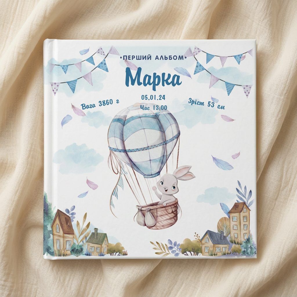 Іменний фотоальбом «Зайчик на повітряній кулі»