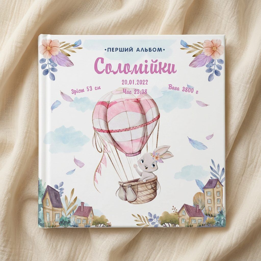 Іменний фотоальбом «Зайчик на повітряній кулі» Рожевий